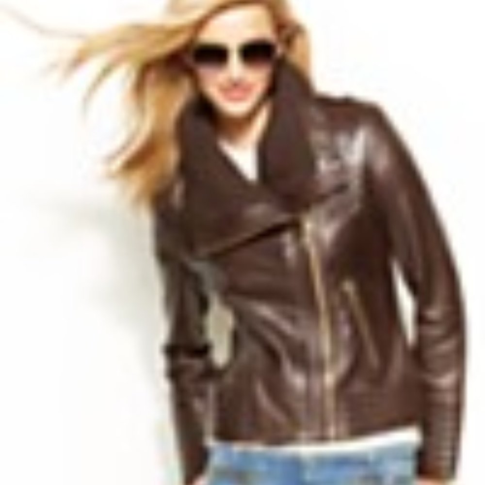 MICHAEL Michael Kors Asymmetric Zip Leather Jacket with Knit Collar Detail, XL